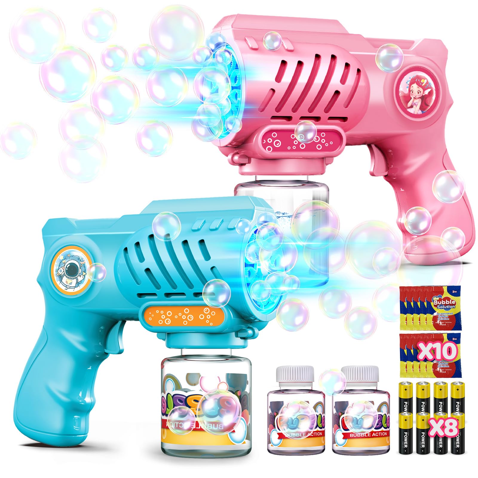 Tecnock 2 Pack Kids Automatic Bubble Guns with LED Light and 10 Nozzles, 8 AA Batteries Included, 3 Bottles Bubble Solution & 10 Refills, Lightweight, Low Leak