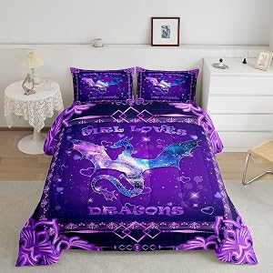 Feelyou Kids Dragon Comforter Set Full Size, Dragon and Books Bedding Set Purple Demask Comforter for Kids Boys Girls Wildlife Duvet Insert Room Decor Bed Set 3Pcs