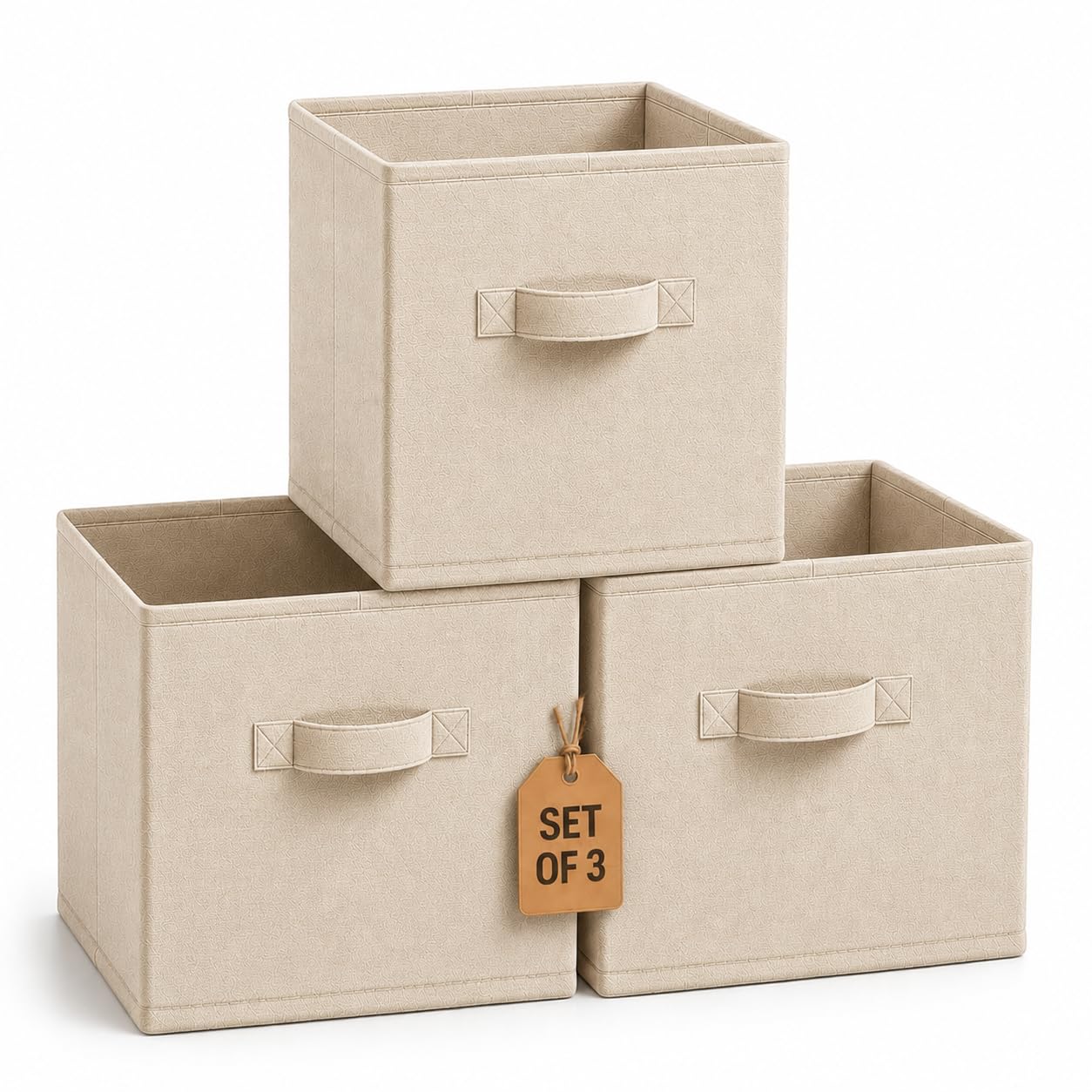 3 x Storage Cube Boxes, Foldable Fabric Storage Boxes with Handles Cube Storage Organiser Baskets for Kallax Shelving Units Toy Clothes Book Storage Bedroom Living Room Office (Beige, 32x32x32cm)