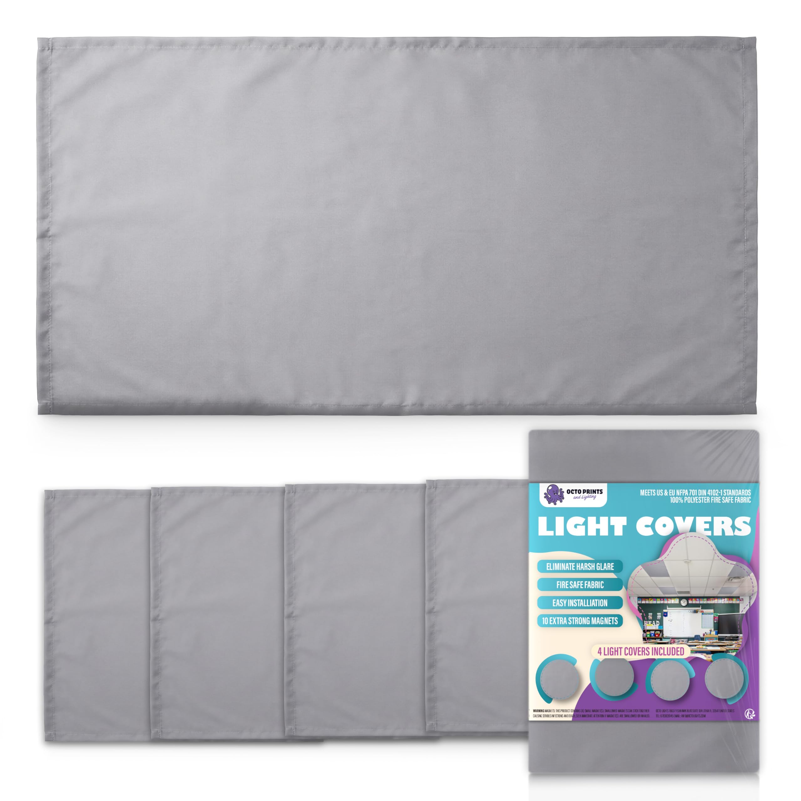 Fluorescent Light Covers for Ceiling Lights Classroom Magnetic Gray 4pk