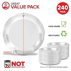 Stock Your Home 240-Count, 9 Inch Clear Plastic Plates, Flexible, Disposable Heavy Duty Party Dinner Plate, for Wedding Reception, Holiday Parties, Mains, Sides, Salad, and Dessert, Large Size