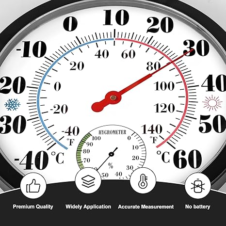 Indoor Outdoor Thermometer Hygrometer - 10 Inch Room Temperature Humidity Meter Weather Thermometer Analog Monitor Wall Hanging Thermometer for Patio