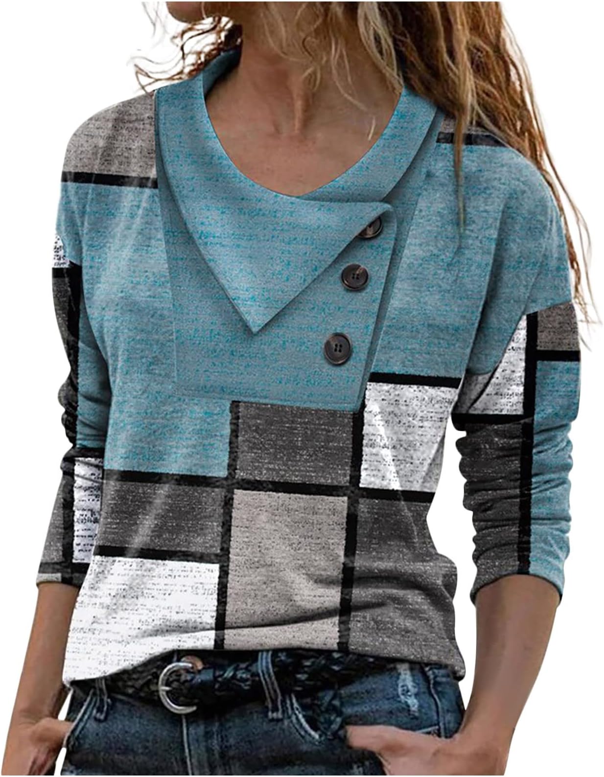 Womens Tshirts Long Sleeve Tee Tops for Women Skew Cowl Neck Colorblock Geometry Summer Fall Tee Shirt 2023 PJ