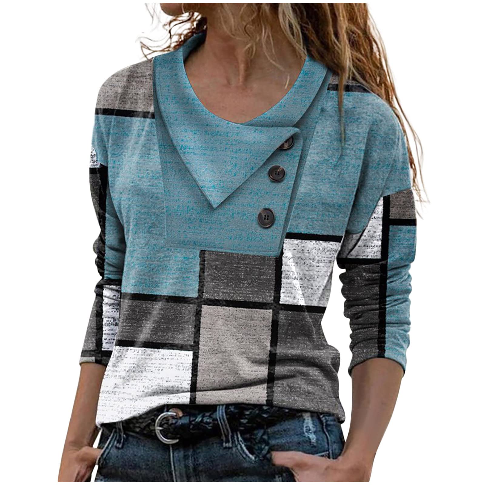 Womens Tshirts Long Sleeve Tee Tops for Women Skew Cowl Neck Colorblock Geometry Summer Fall Tee Shirt 2023 PJ
