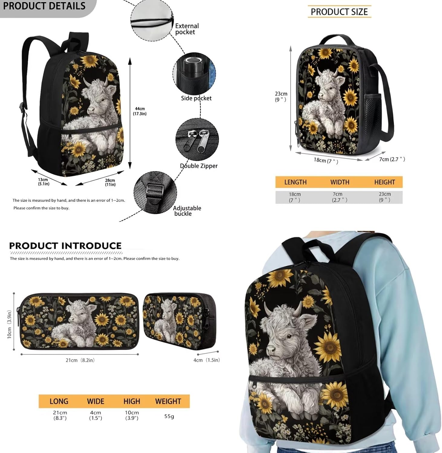 COEQINE White Highland Cow School Backpack Set for Girls with Lunch Box Set of 3, 2Nd Grade Bookbag Girls Kids Children Teens Elementary Middle School Bag Set with Large Pencil Box