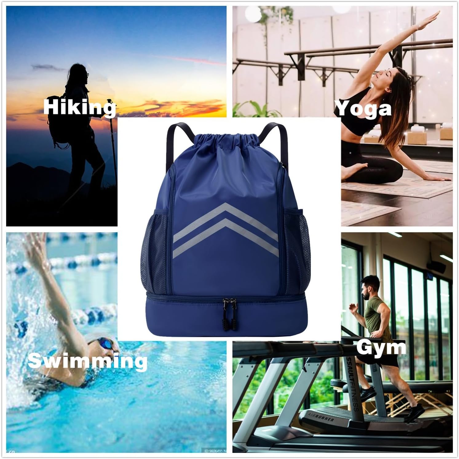 Drawstring Backpack - Water Resistant Sports Gym Bag with Shoes Compartment and Water Bottle Holder Pockets - String Cinch Bag - Pull String Bag - Sport String Sackpack for Men Women,Navy Blue