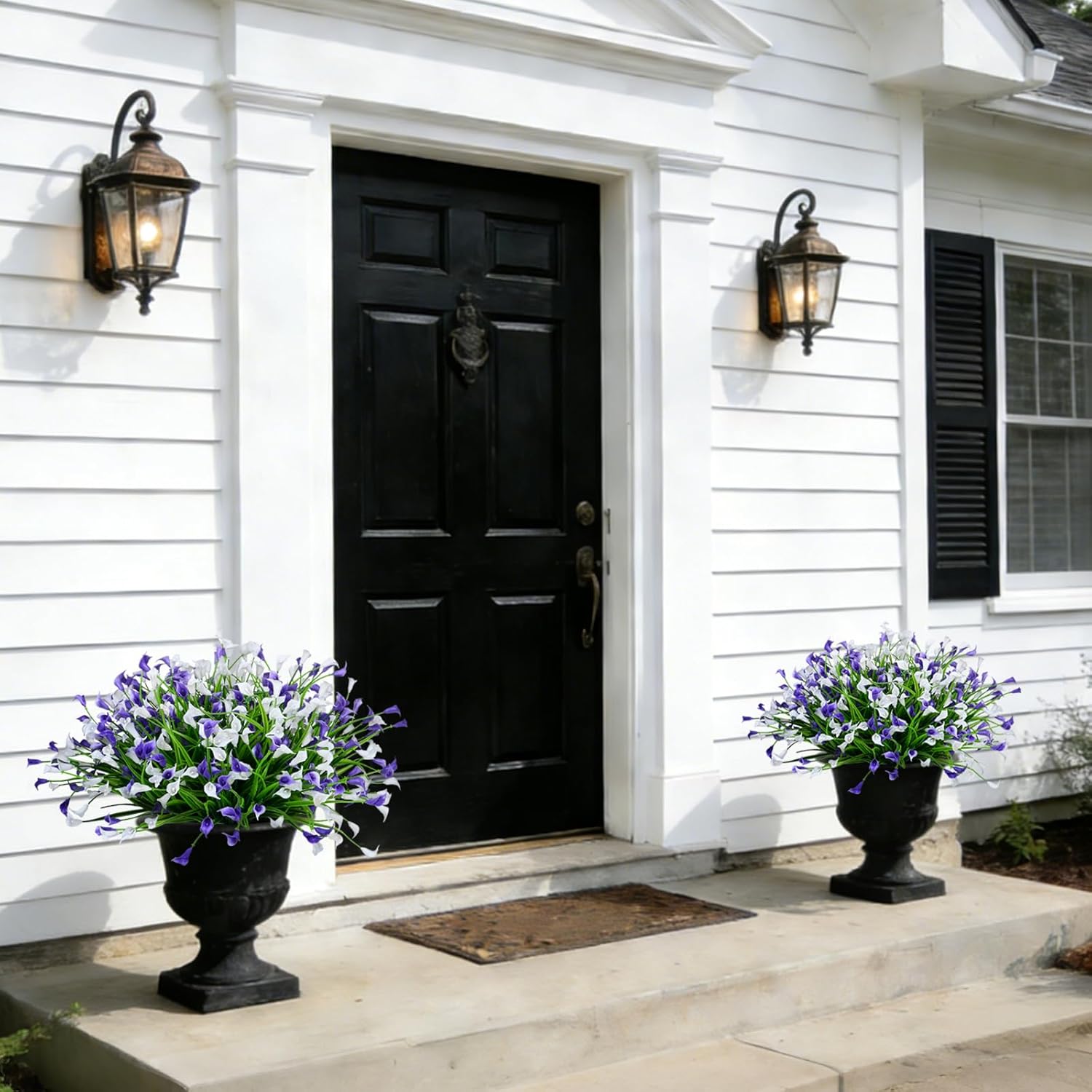 INXUGAO 24 Bundles Calla Lily Artificial Flowers for Outdoors, UV Resistant Faux Plastic Flowers for Home Porch Yards, Fake Plants for Spring Summer Cemetery Decor (Purple White)