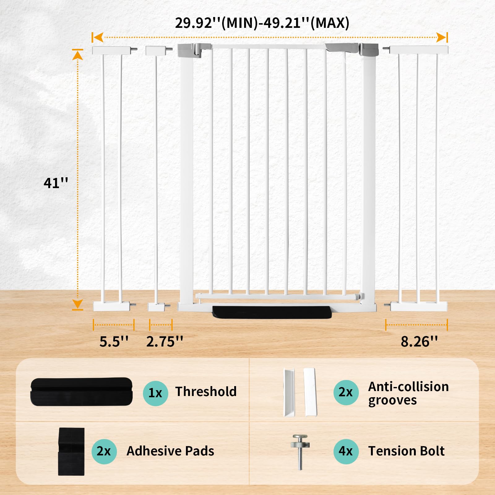 Puerta de bebé de 41 pulgadas de alto, puerta de perro con cierre automático, ajustable de 76.0 cm-125.0 cm de ancho, montada a presión, puerta oscilante para mascotas para puertas (blanco, 76.0 cm