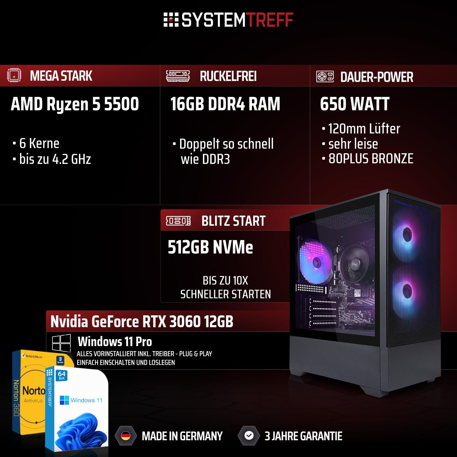 SYSTEMTREFF Basic Gaming Komplett PC Set - AMD Ryzen 5 5500 - RTX 3060 12GB | AMD 6-Kern CPU bis 4.2 GHz, 16GB DDR4, 512GB M.2 NVMe SSD, Nvidia Grafik, Windows 11, 27 Zoll TFT Display, für Gaming