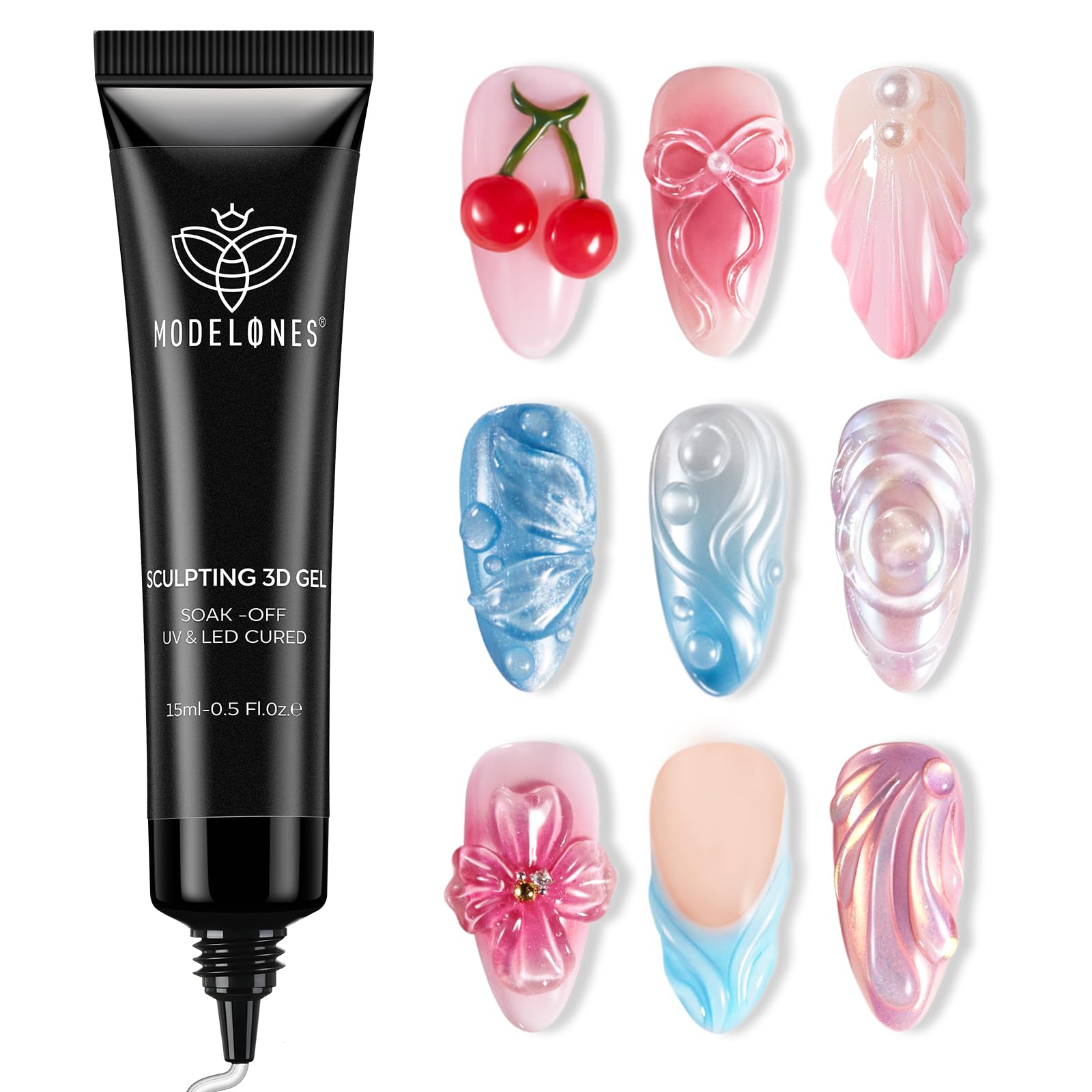 Modelones 3D Gel Nail Art, Sculpting Gel Glue for Molding, Drawing, Charms & Gems Glue, Nail Stuff for Chrome Powder and Rhinestone Design No Wipe, U V Light Cured Salon & DIY Use
