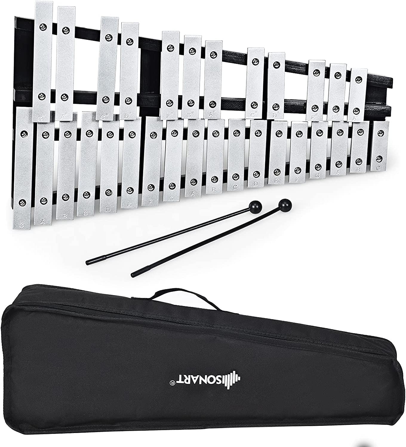 RELAX4LIFE Xilofono con 30 Note in Alluminio e Legno,Portatile e Pieghevole, Educativo con Base in Legno, Mazzuole e Borsa,per Principianti della Musica, 56 x 33 x 5 cm