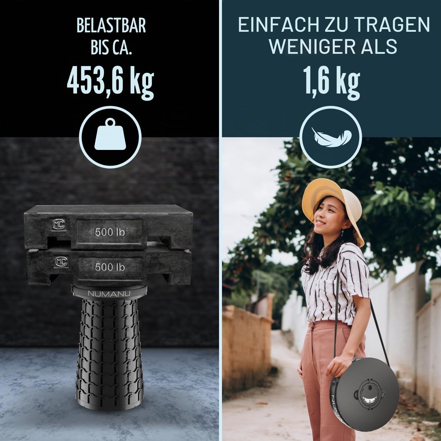 NUMANU 2026 Verbesserter XXL-Klapphocker mit Kissen und Tasche, max. Gewicht 453,6 kg, 50 cm, robust, tragbar, einziehbar, teleskopierend, zusammenklappbar, Sitzstuhl oder Reise-Fußstütze