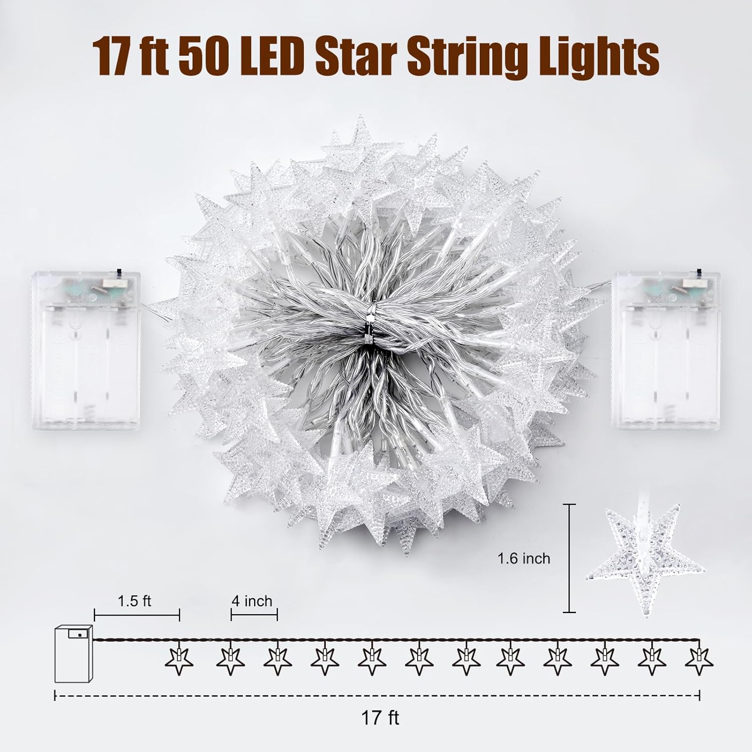 Minetom Star String Lights Battery Operated - 2 Pack 17 ft 50 LED Star Fairy String Lights with Timer, Waterproof for Indoor Bedroom Tent Loft Bed Patio Party Wedding Decor, Warm White