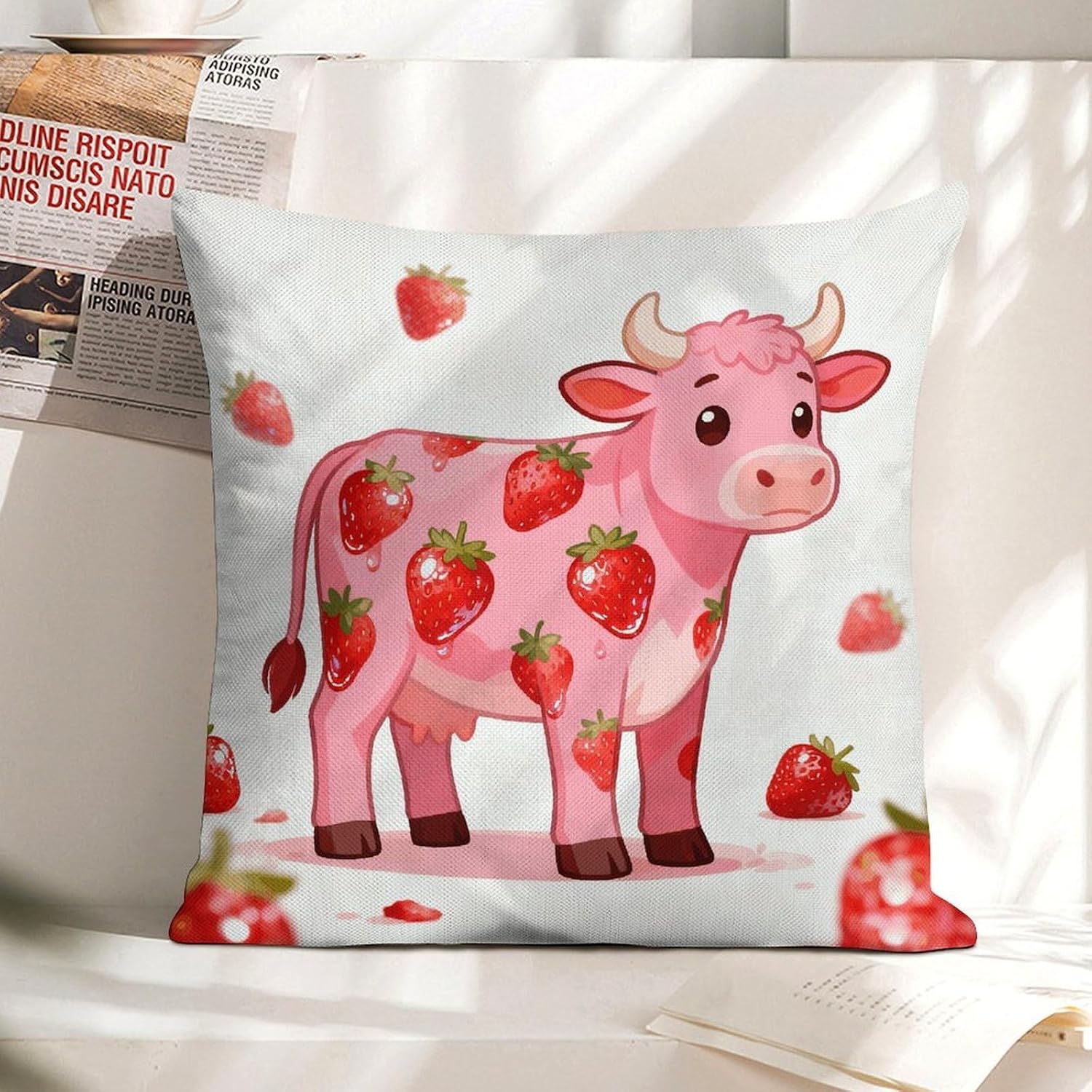 Pink Cows Strawberry Print Pillow Protectors Cute Waterproof Pillow Cover Soft Skin-Friendly Cushion Case Decorative Square Cushion Cover for Couch Sofa Bed Living Room Bedroom