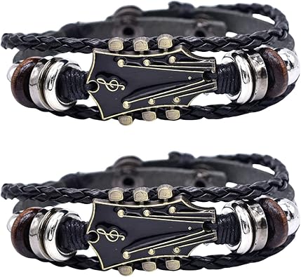 2/3 Pcs Retro Faux Leather Punk Guitar Leather Bracelet, Zinc Alloy Rock Music Bracelet, Handmade Braided Multi-Layer Wrap Bracelet for Men