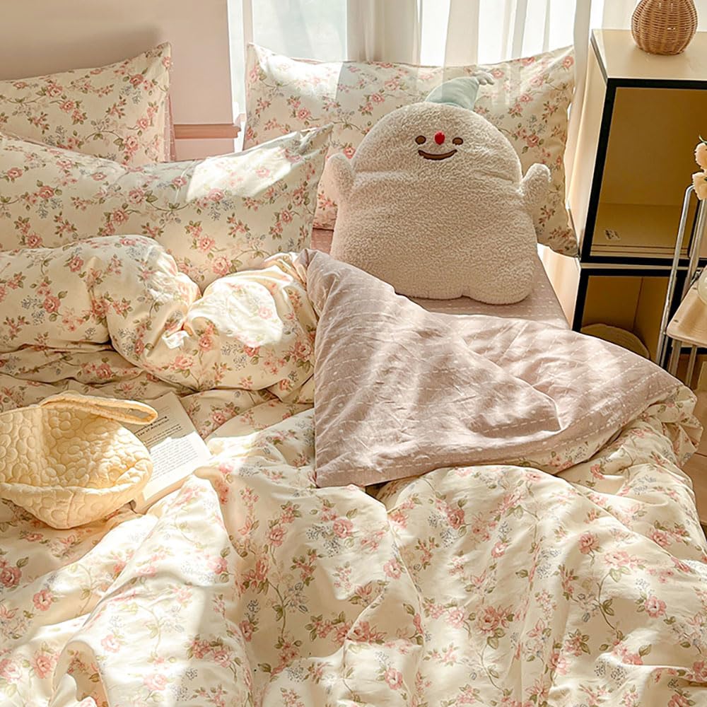 Covebett Single Bed Duvet Cover Sets Beige Pink Flowers Floral Print Reversible Microfibre Bedding Set 2pcs Botanical Aesthetic Quilt Cover 135x200 cm with Zipper Closure and 1 Pillowcase 50x75 cm