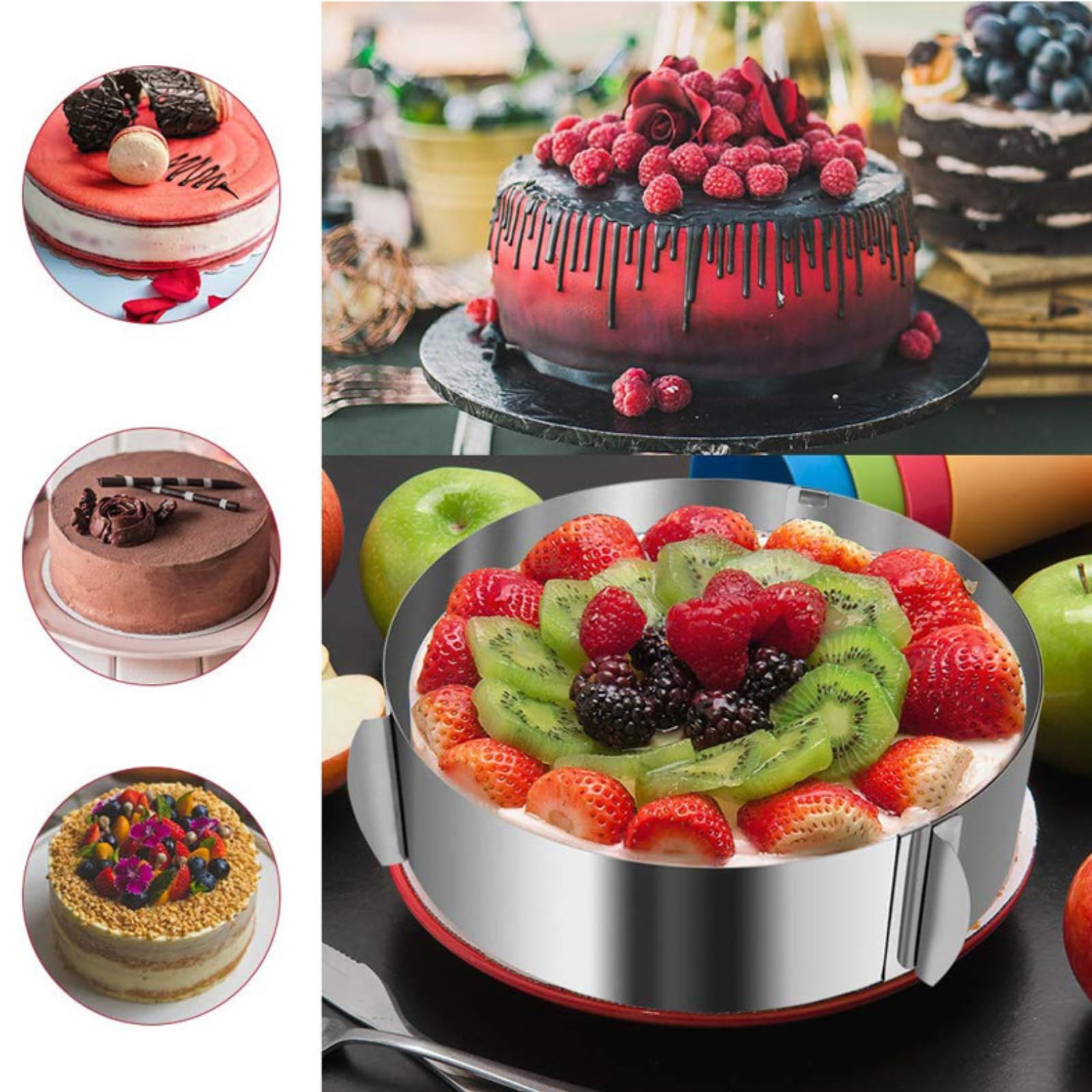 Tortenring hoch 20 cm - Edelstahl Backring verstellbar 16-30 cm – 5M Tortenrandfolie Kuchen Kragen,Kuchenring rund für die einfache Zubereitung von Creme,Schicht,und Motivtorten Dekorieren