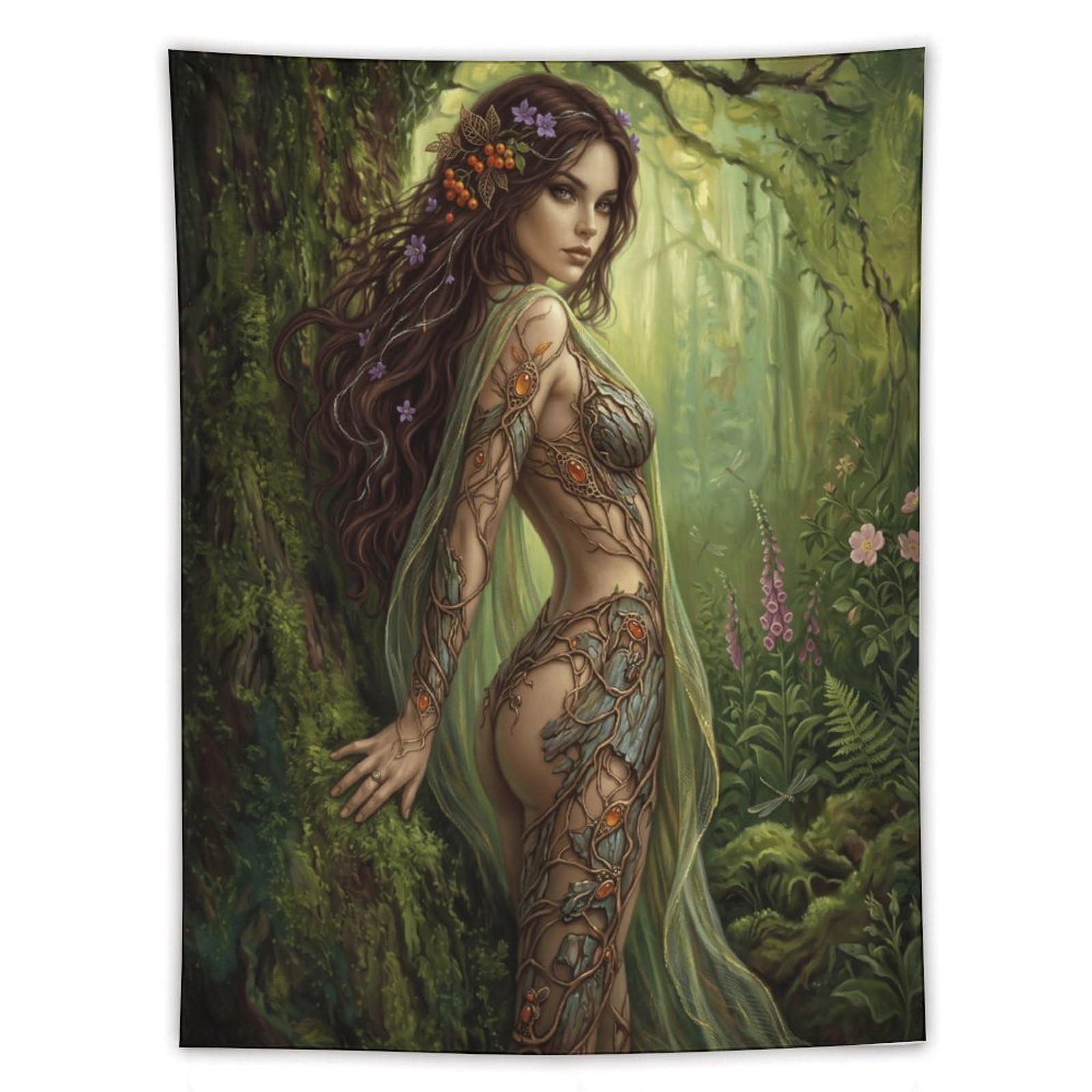 H3B8U2Y5 Botanical Forest Goddess Wall Tapestry, Enchanted Woodland