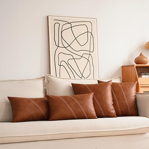 Miniatura 7 de Juego de 2 fundas de almohada decorativas modernas de piel sintética color marrón, 18 x 18 pulgadas, fundas de almohada cuadradas impermeables de