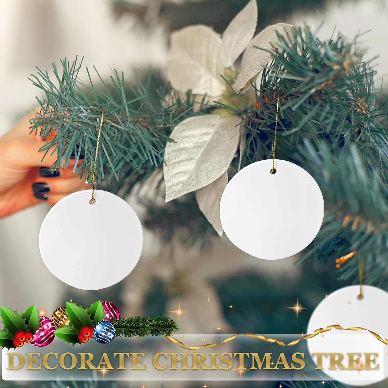 Sublimation Ceramic Ornaments Sublimation Ornament Blanks Bulk Ceramic Discs Ornament for Heat Press Printing White Round Porcelain Ornament Personalized Xmas Tree Ornament Keepsake Crafts Gift 48pc