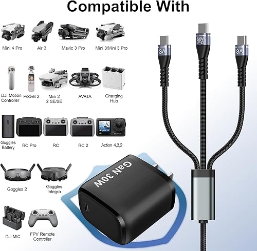 Miniatura 4 de Betschkim Cargador para DJI Mini 4 Pro, Mini 3 Pro, Mini 4K, Mini 2 SE, Air 3, Air 2S Drones, 4-en-2 3A Cable de carga rápida USB C Cable para DJI