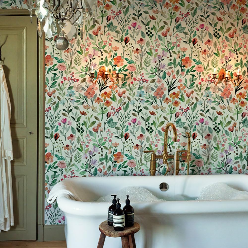 GaliGali Peel & Stick Wallpaper, Watercolor Floral Self-Adhesive, Contact Paper for Bathroom Walls & Cabinets, Vinyl Waterproof, 17.3"x197"