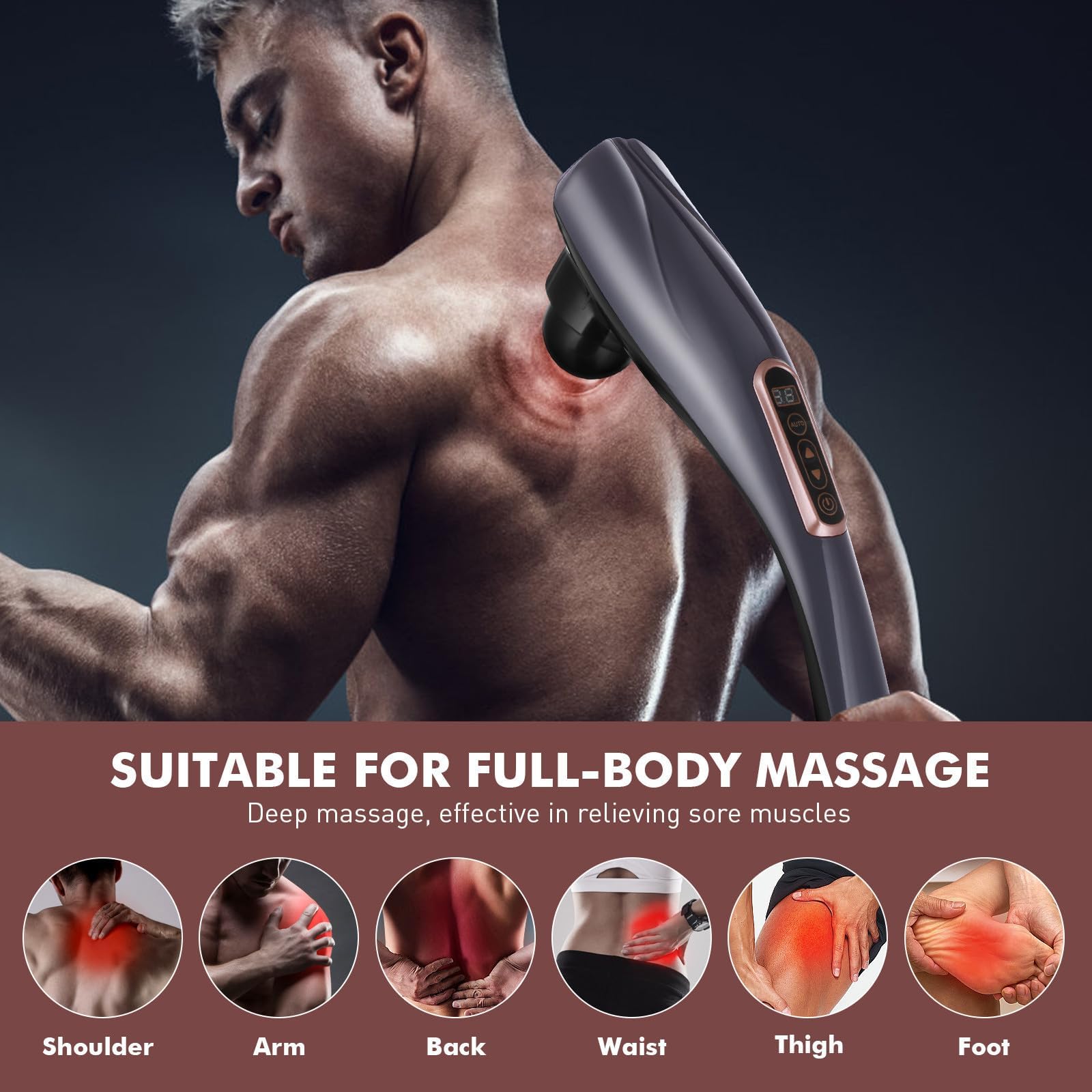 Pistola Massaggio Muscolare, Pistola Massaggiante per Tessuti Profondi, Massaggiatore Muscolare Portatile Ergonomico con 6 Testine e 10 Livelli di Velocità per Schiena, Spalle, Vita e Gambe (Bianco)