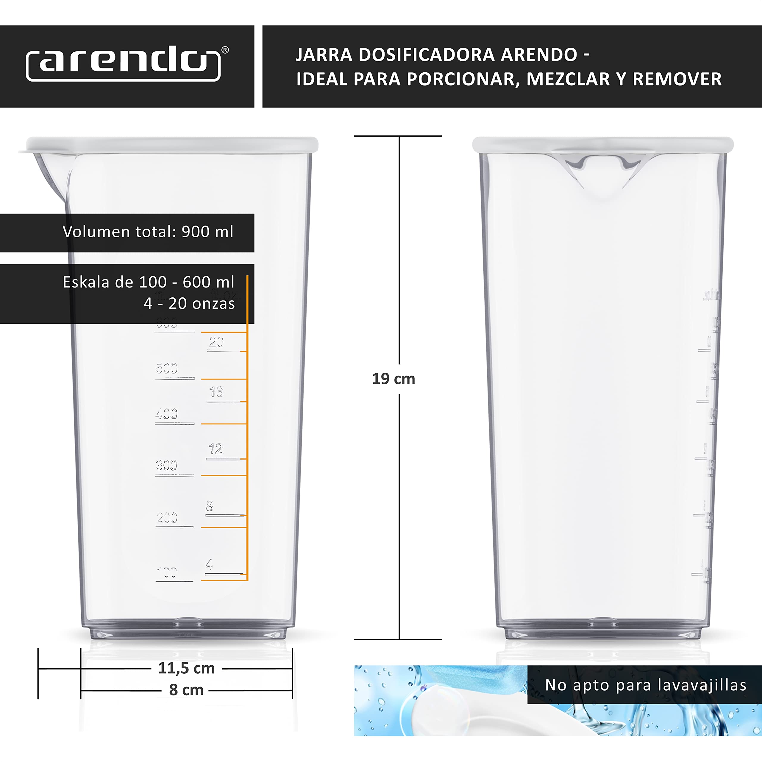 arendo - Jarra dosificadora de plástico graduada 600 ml y 20 onzas - Vaso medidor Transparente - Ideal para batidoras y batidores eléctricos - Jarra de Cocina - Vaso medidor - Taza