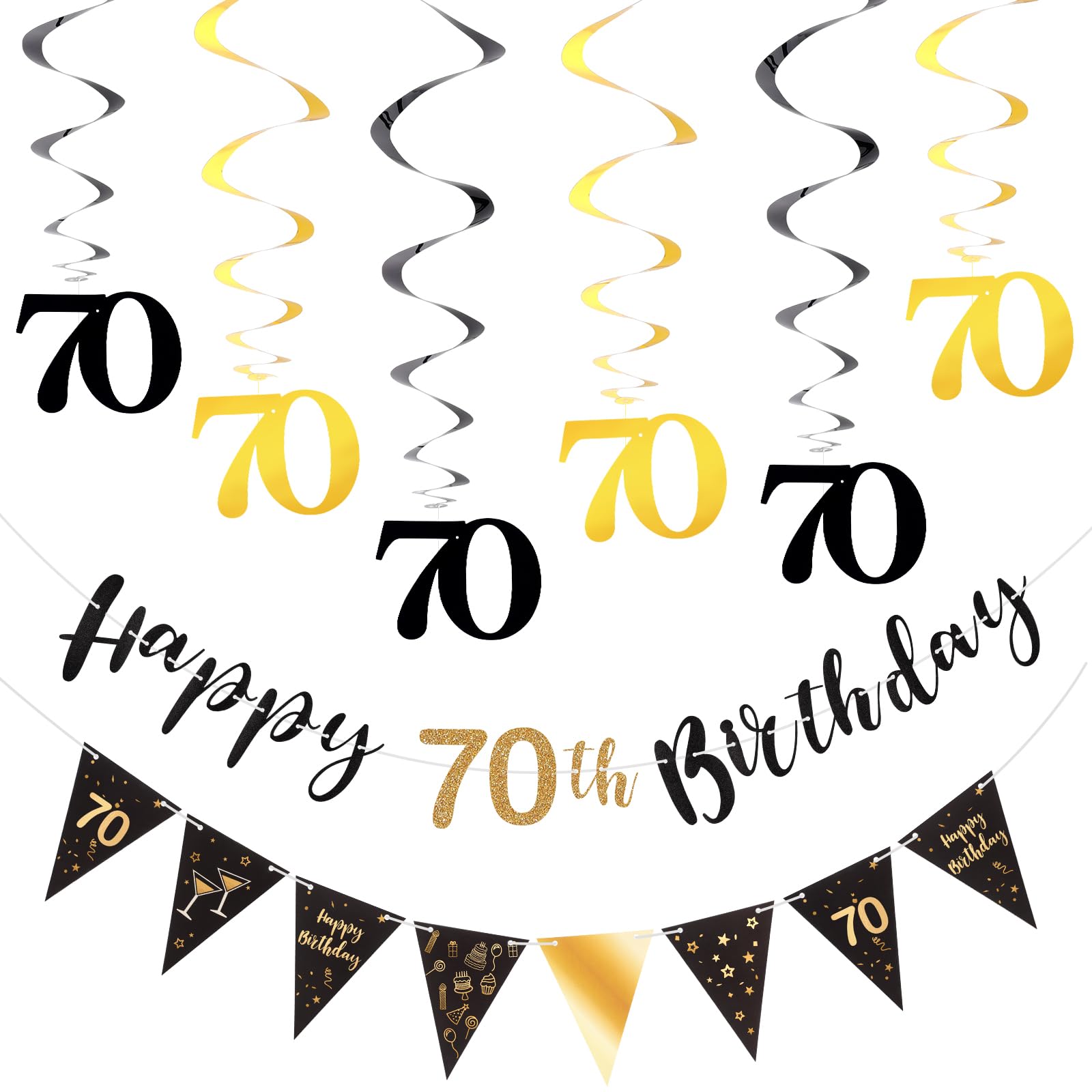 70th Birthday Decoration Set, Happy Birthday Banner with Triangle Flag Banner, Bunting Swirls Streamers For Women Men Birthday Party Supplies (Black