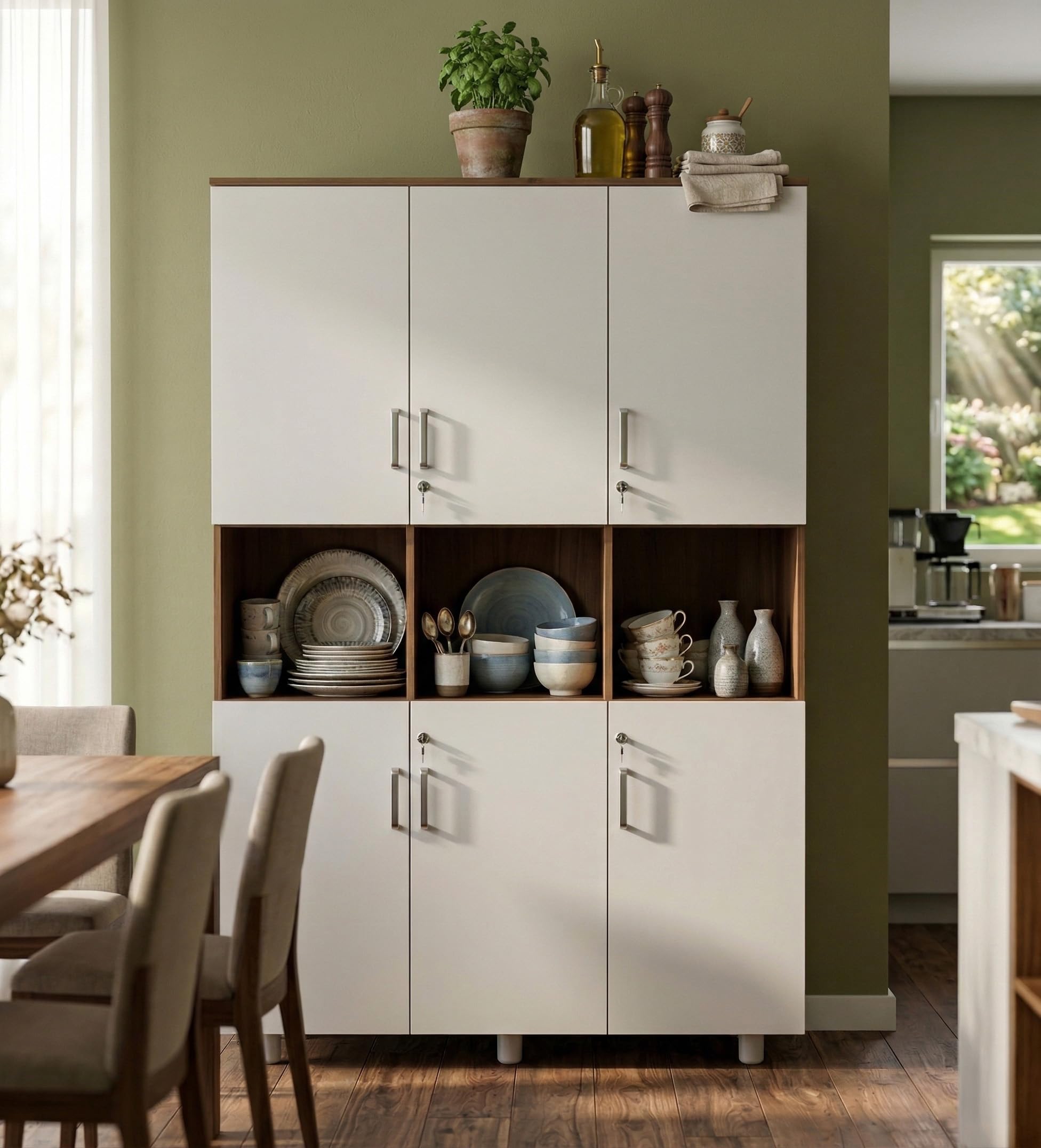 NEUDOT Ronald Mine 6 Door Bookshelf Cabinet | Engineere Wood | Space & Clothes Organizer | Almari | Wardrobe | Living Room | Multipurpose for Home Kitchen & Office | 12 Months Warranty | Leon Teak