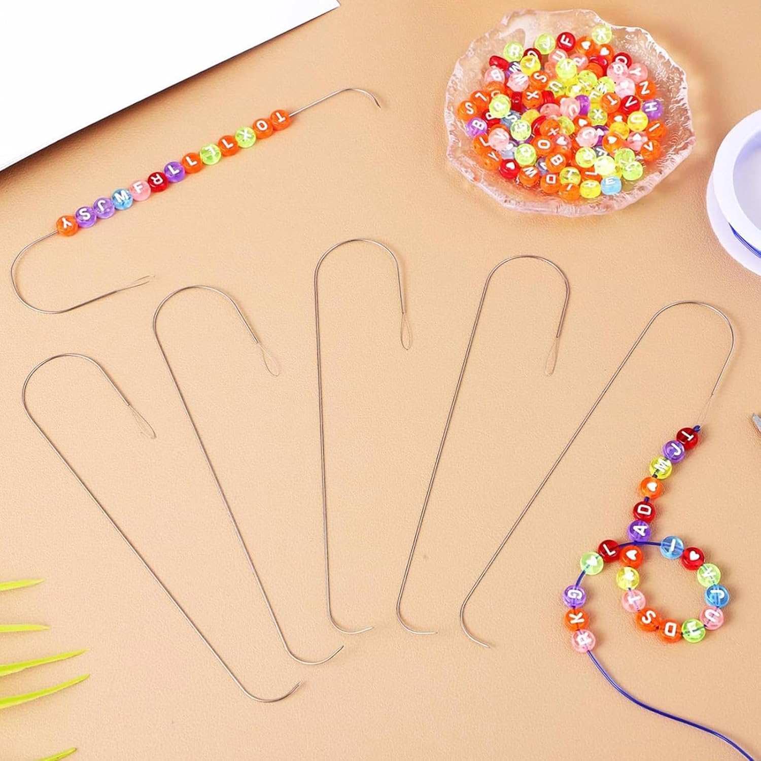 6pcs Sturdy Bead Spinner Loader Needle Large Eye Beading Needle and Beads End Charm for Artistic Jewelry Designs Beads Stringing Needle