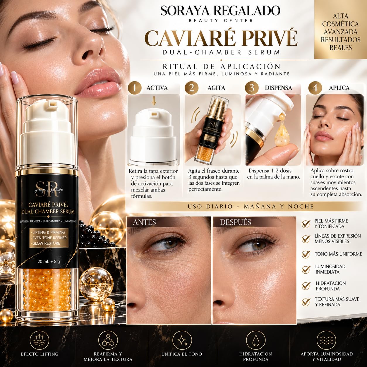 CAVIARÉ PRIVÉ Dual-Chamber Serum, Sérum Facial de Alta Cosmética con Extracto de Caviar, Escualano, Ácido Hialurónico, Péptidos, Madecassoside y Centella Asiática, 20 ml + 8 g
