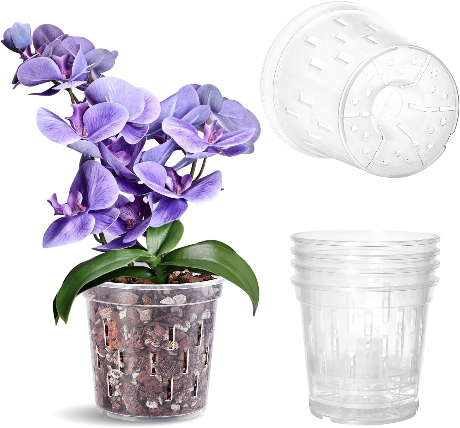 Orchid Pot – 4 Pack 6 Inch Clear Orchid Pots with Drainage Holes for Repotting – Ideal for Healthy Root Growth – Sturdy Plastic Plant Pot for Indoor & Outdoor Plants