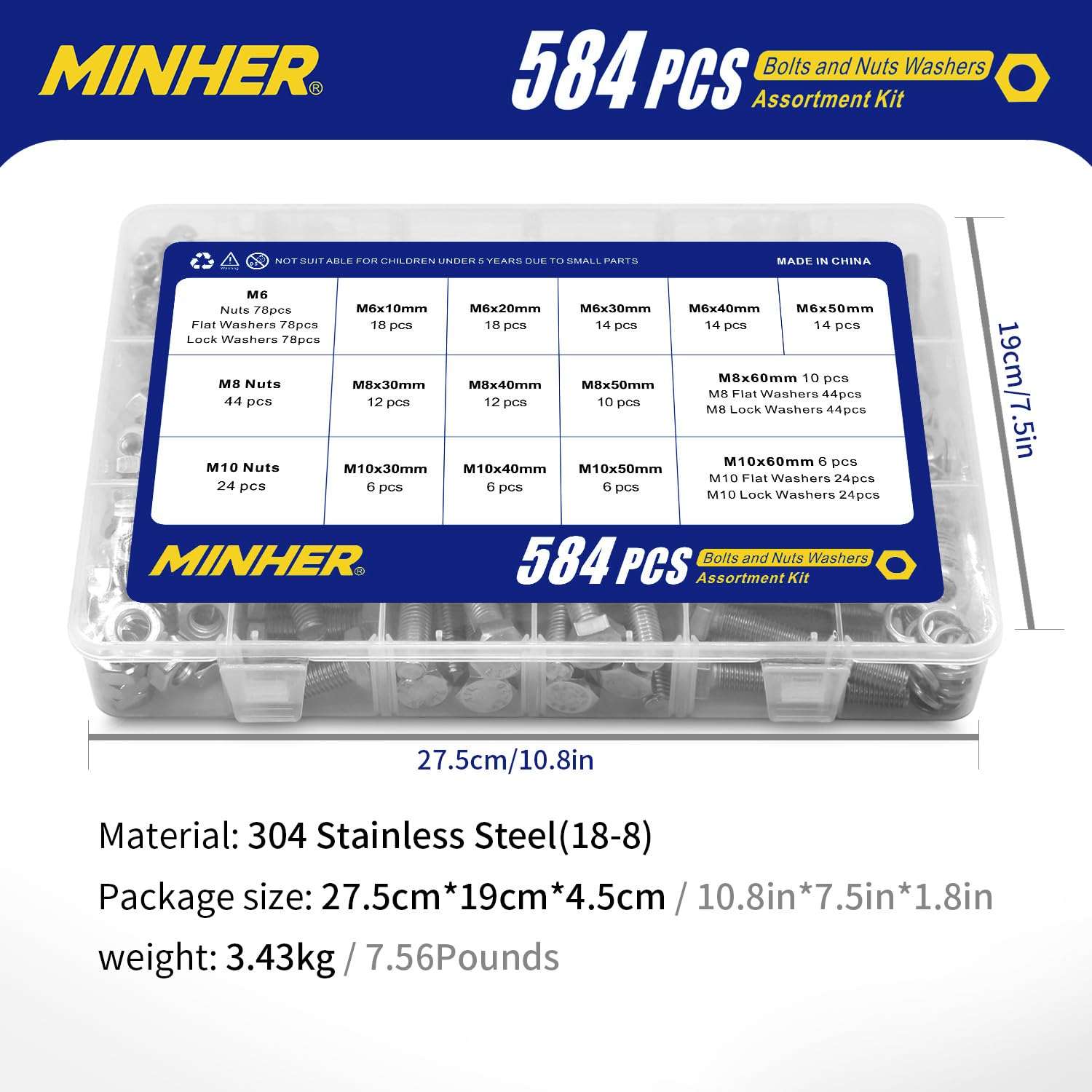 MINHER 584 pieza M6 M8 M10 de Tornillos Hexagonales y Tuercas de Acero Inoxidable y Juegos de Arandelas