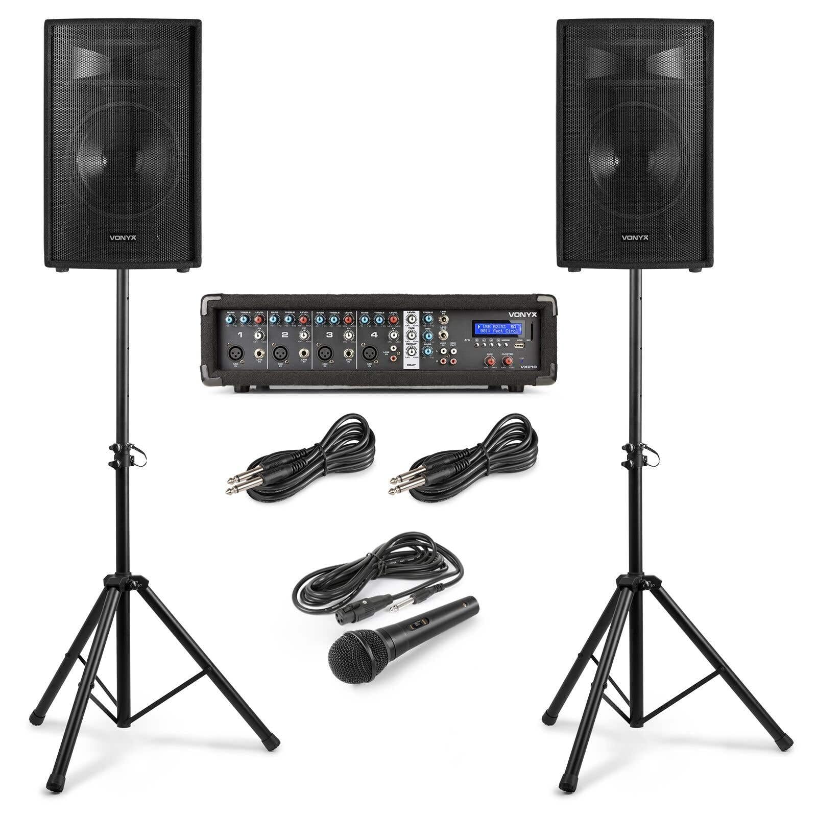 VX210 Complete PA System Audio Pack - 10" 800W PA Speaker and Bluetooth Mixer Amplifier Set with Speaker Stands & Microphone for DJ, Karaoke, Singers and Small Band Performances