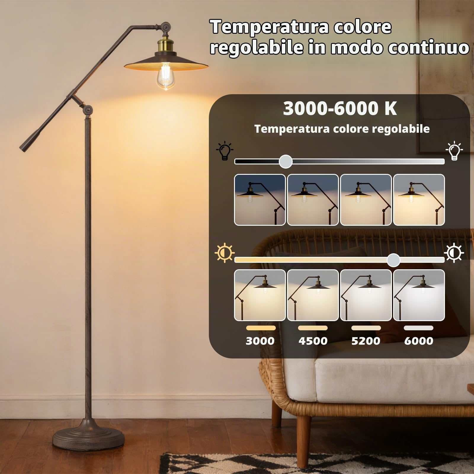 Piantana Lampada da Terra Salotto Vintage Industriale, Telecomando | Lampada Soggiorno LED Dimmerabile in Metallo, E27, 3000K–6000K, Timer 30/60 Min e Interruttore a Pedale per Lettura, Ufficio
