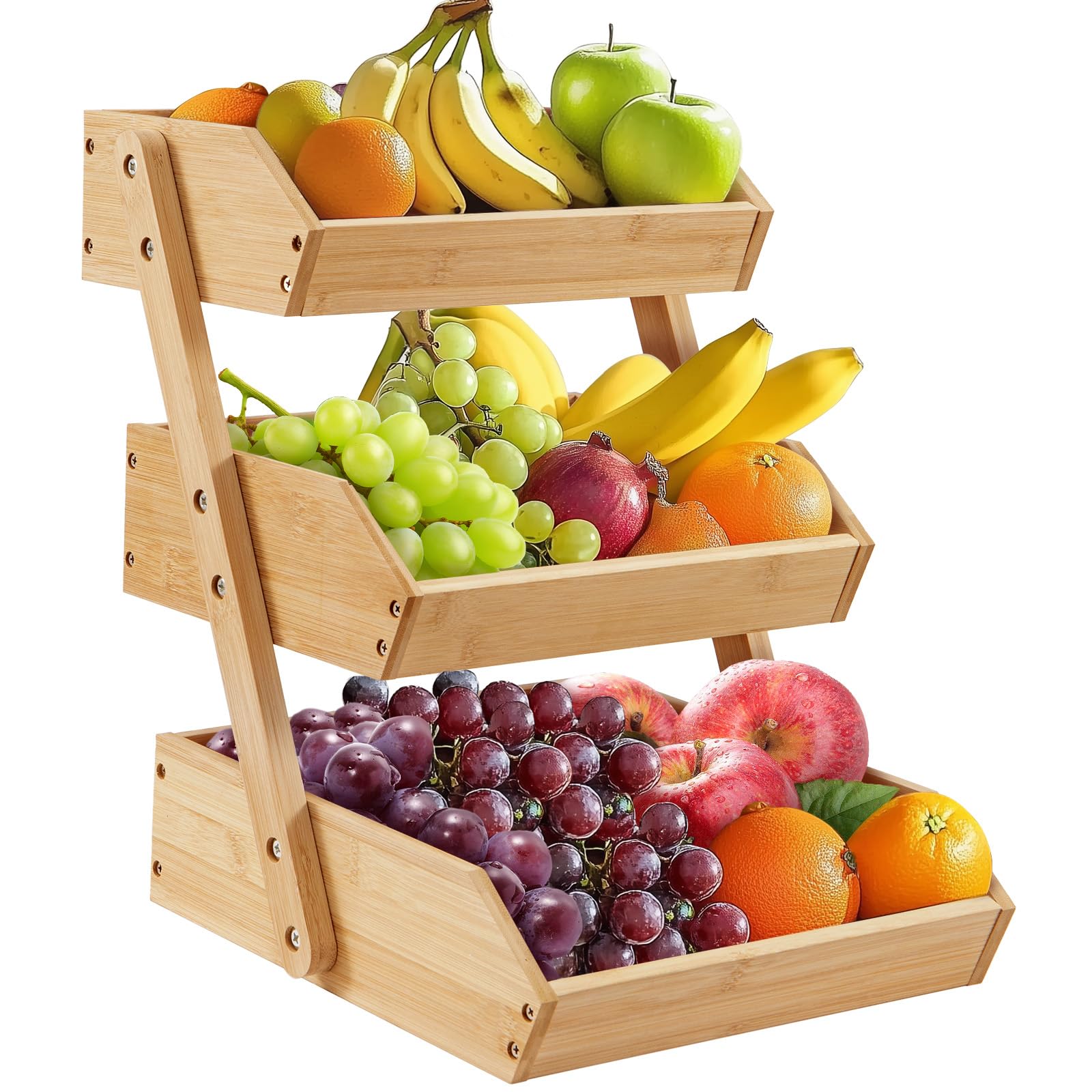 Étagère à fruits et légumes à 3 niveaux en bambou – Panier de rangement en bois pour plan de travail (fruits, légumes, pain et collations) – Support d'organisation pour (3 niveaux)