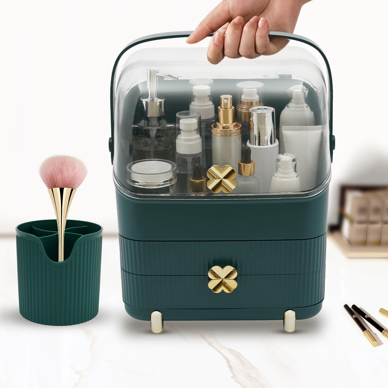 Scatola per cosmetici portatile, organizer per trucchi, scatola portaoggetti per trucchi con coperchio antipolvere, organizer per bellezza con 2 cassetti e maniglia per il trasporto, cassetto