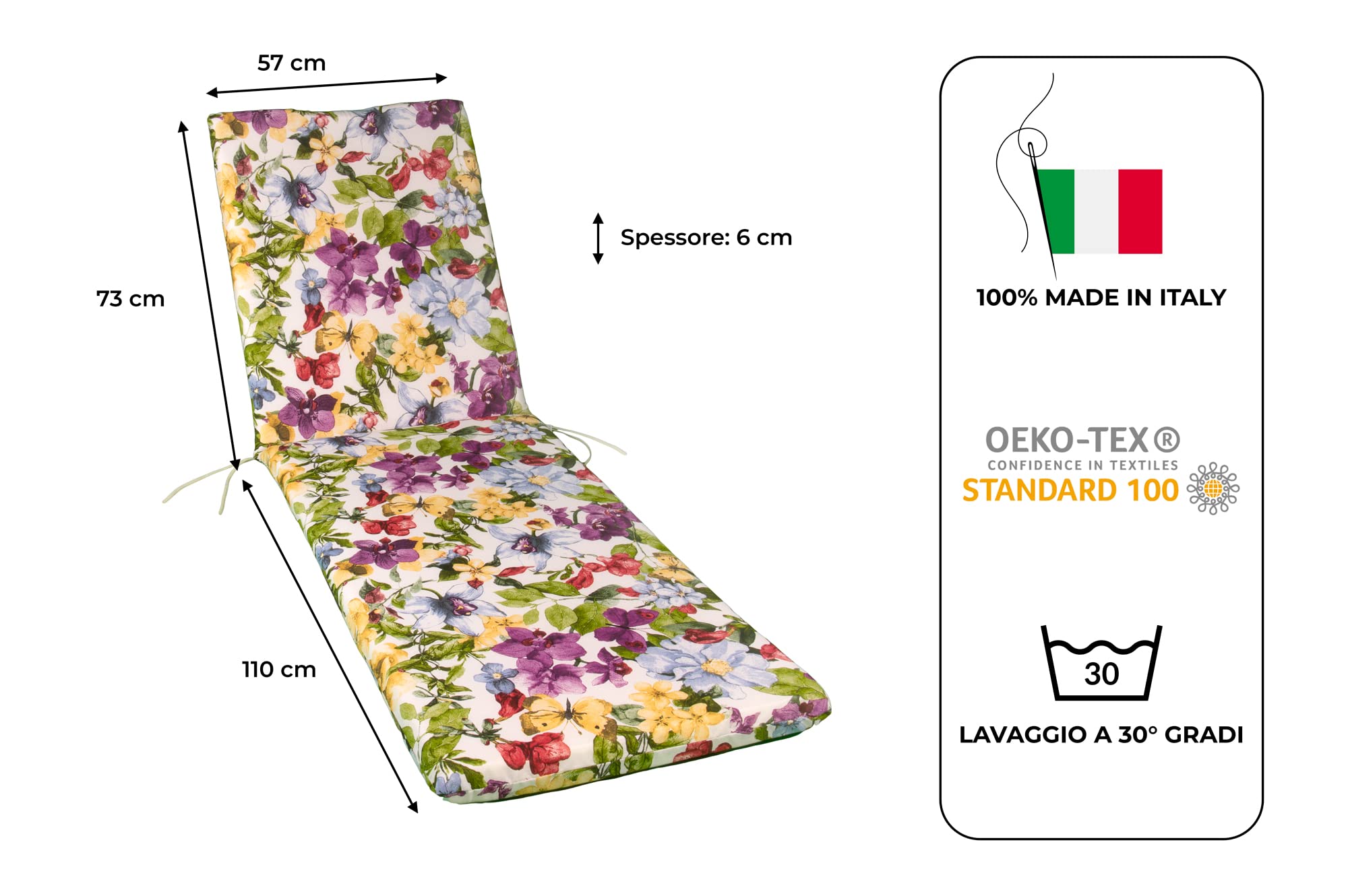 GHIOCUSCINI | Cuscino per Lettino Prendisole, Fantasia PRIMAVERA, Tessuto Cotone/Poliestere, Sfoderabile, 73 + 110 x 57 cm, Alto 6 cm, Made in Italy