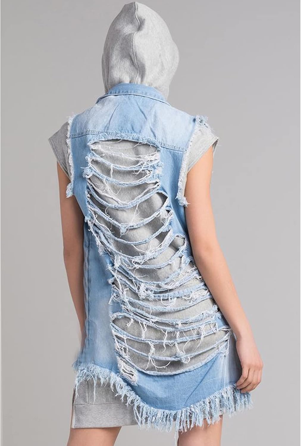 Songling Women's Distressed Ripped Sleeveless Mid Long Denim Jacket Jean Vest Cardigan Coats