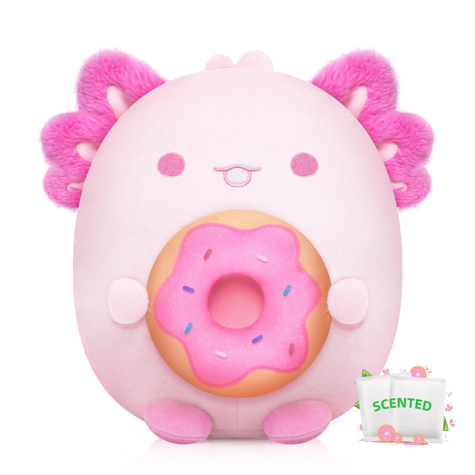 Mewaii Scented Stuffed Animal Cute Axolotl Plush with Sweet Donuts Scented Microbeads, Squishy Plushies Toy Gifts for Kids Girls Women