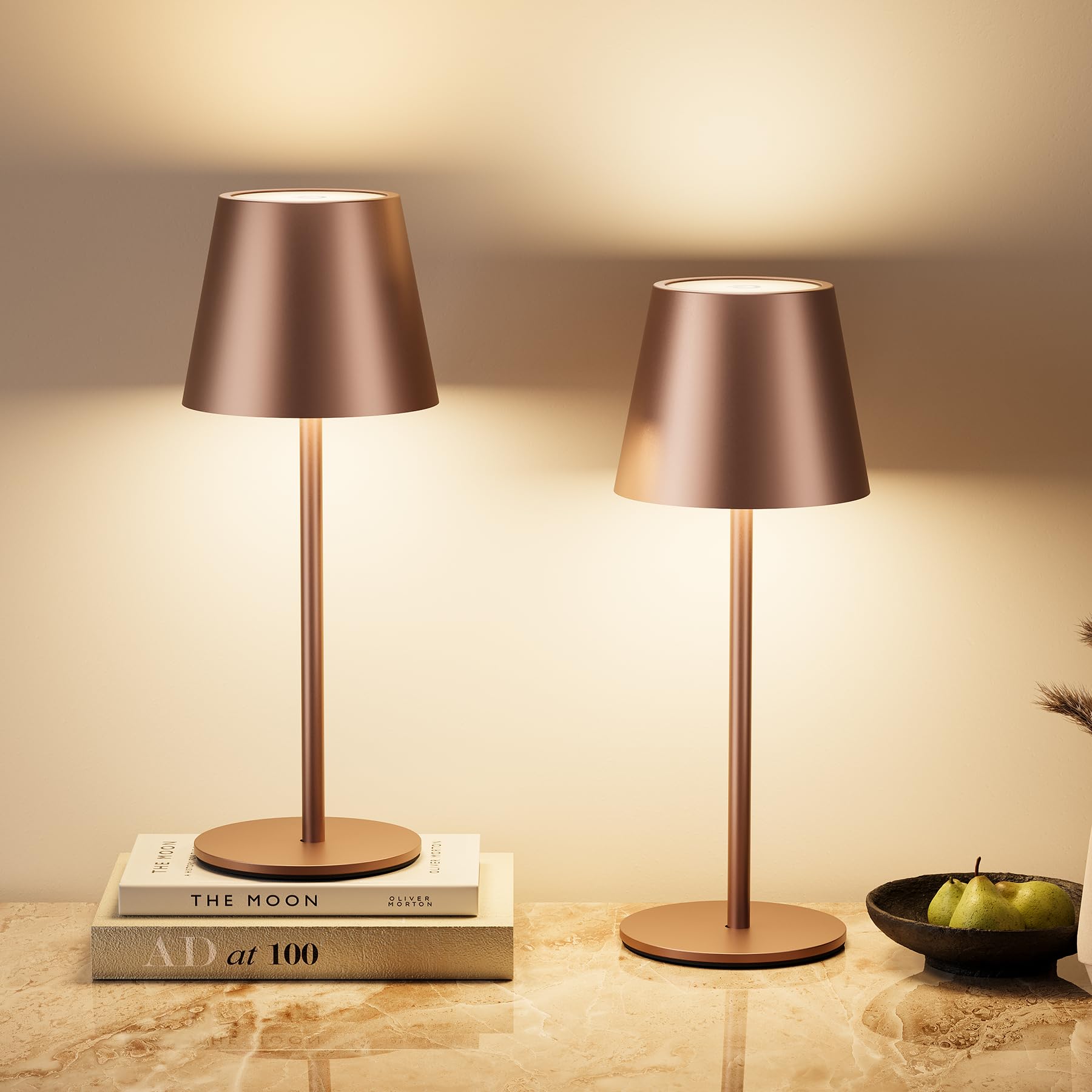 Görvitor 29CM Aluminium Akku Tischlampe Kabellos, 6000 mAh USB-C 2A Schnellladung Nachttischlampe 2er Set, 3 Farbtemperaturen IP54 Wasserdicht LED Akku Tischleuchte Touch Dimmbar für Innen Braun
