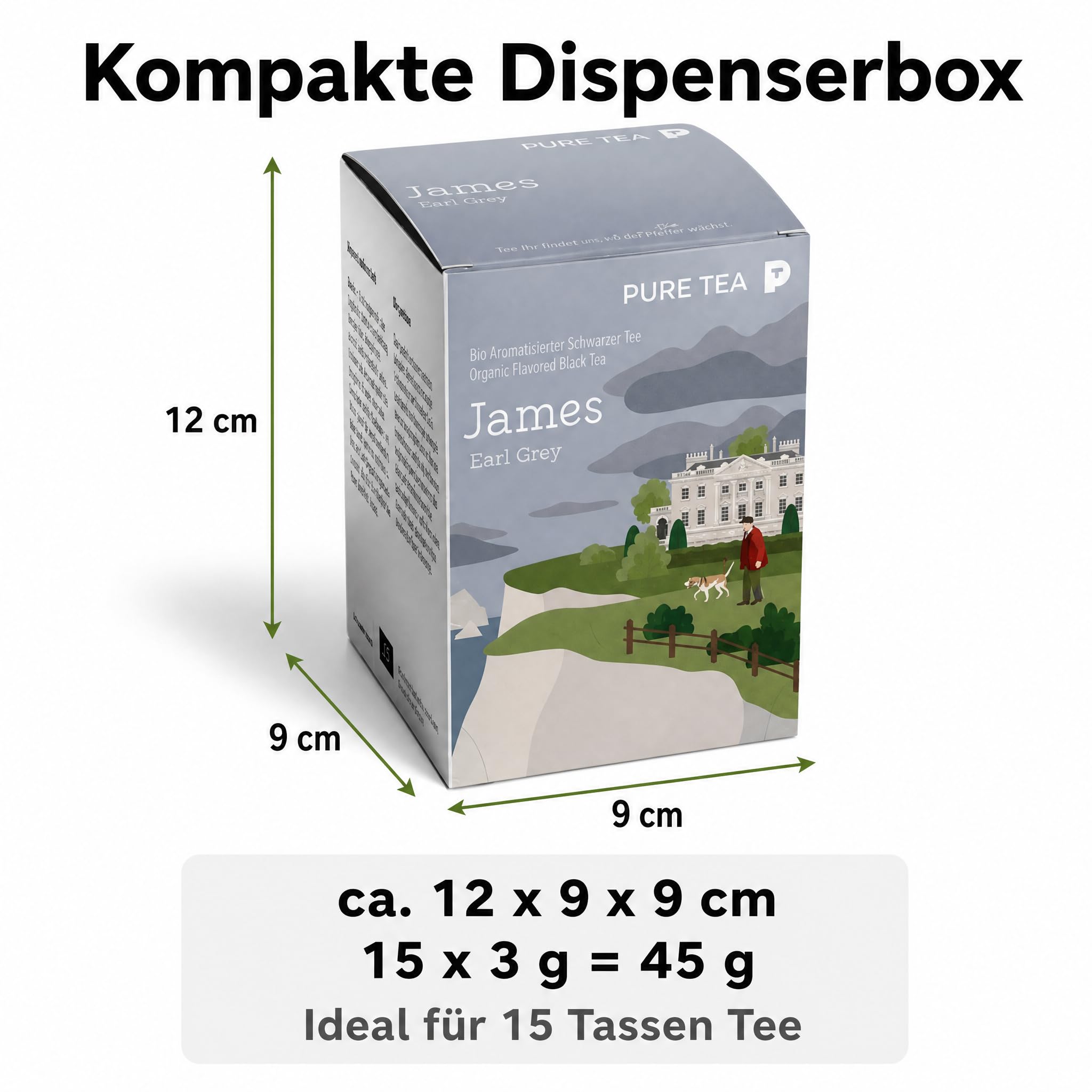 6 x Pure Tea James Earl Grey Teebeutel, Premium-Schwarztee mit Bergamotte, aromatisierter schwarzer Tee im Kissenbeutel, einzeln verpackt in eleganter Dispenserbox, britischer Afternoon-Tea-Genuss
