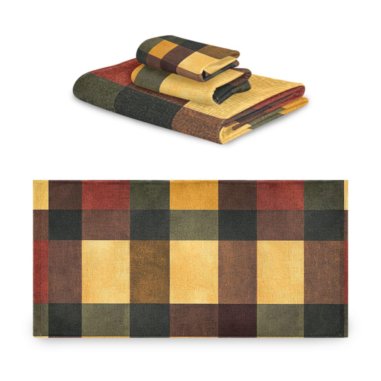 Set di 3 asciugamani assorbenti in stile autunnale a quadri, 1 asciugamano da bagno, 1 asciugamano per le mani, 1 panno per la casa, cucina e famiglia