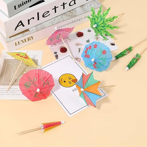 Miniatura 7 de 190 sombrillas de bebida hawaianas para cócteles, sombrillas de bebida de palma de coco, agitadores de bebidas de fuegos artificiales, sombrillas de