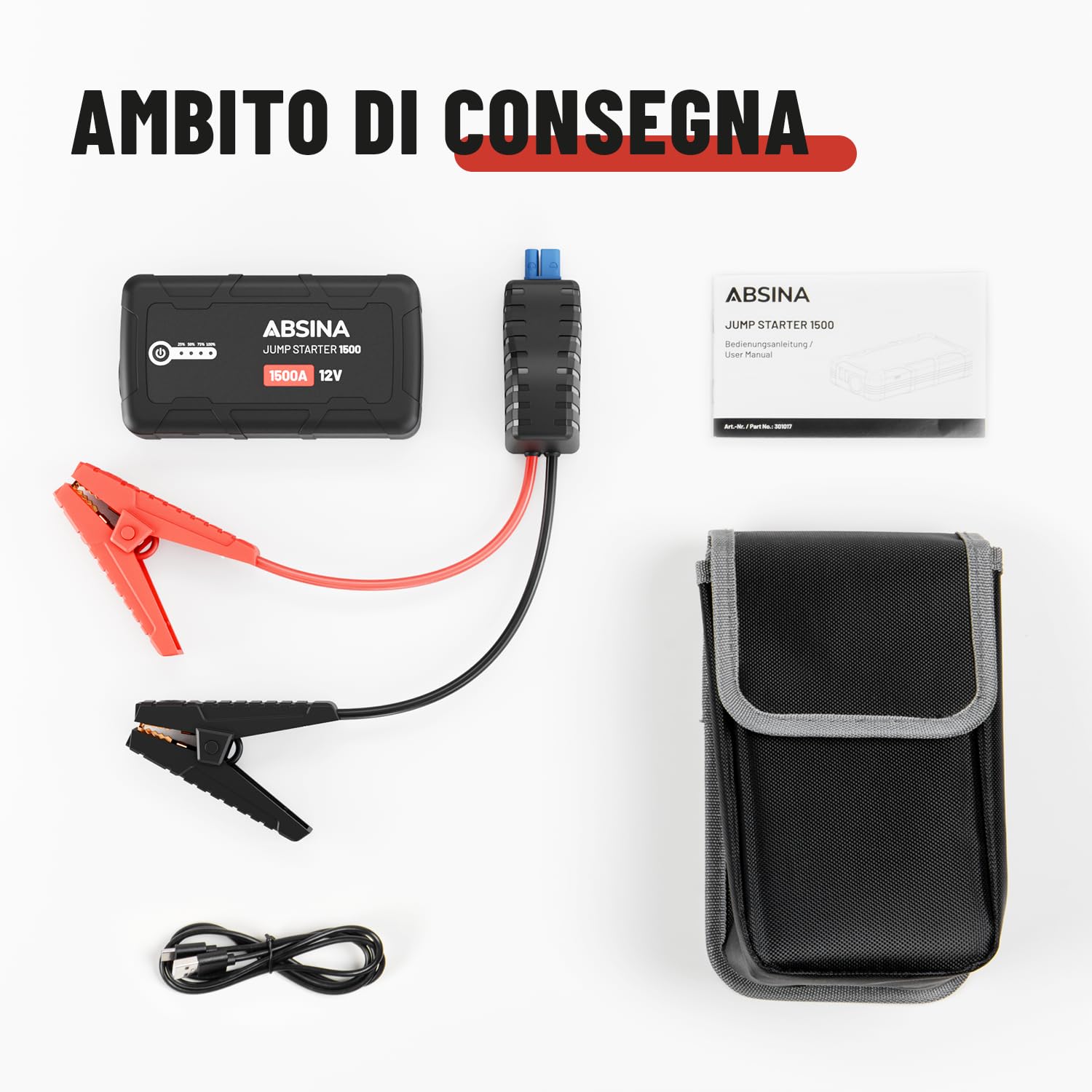 ABSINA Starter Batteria Auto 1500A | Booster Avviamento Auto 12V adatto per 6L Benzina & 4L Diesel - Avviatore emergenza con 2 Porte USB & Torcia x, jump starter