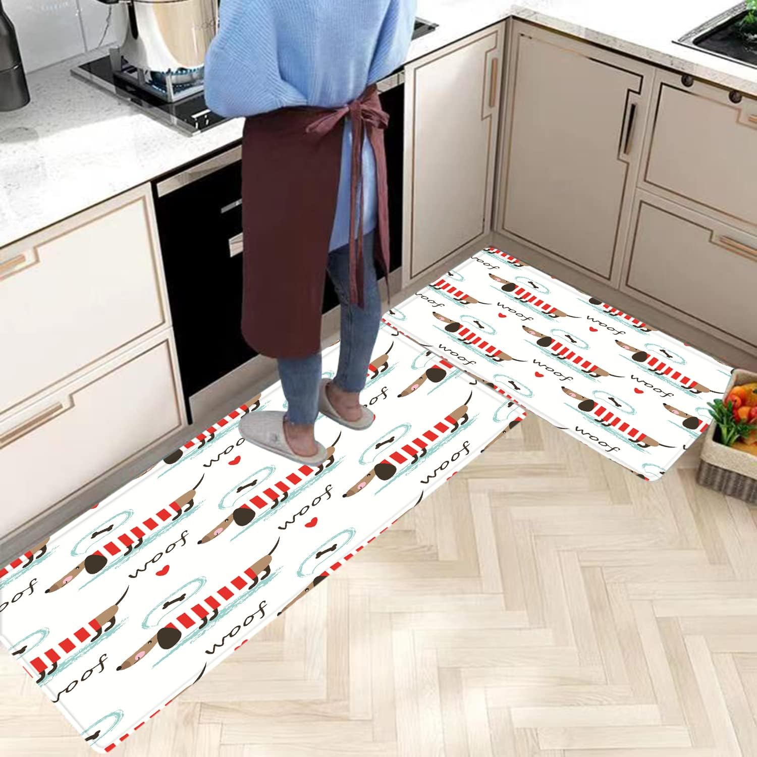 Kitchen Rug Sets 2 Pieces Kitchen Floor Mats Set ,Dachshund Dogs, Bones