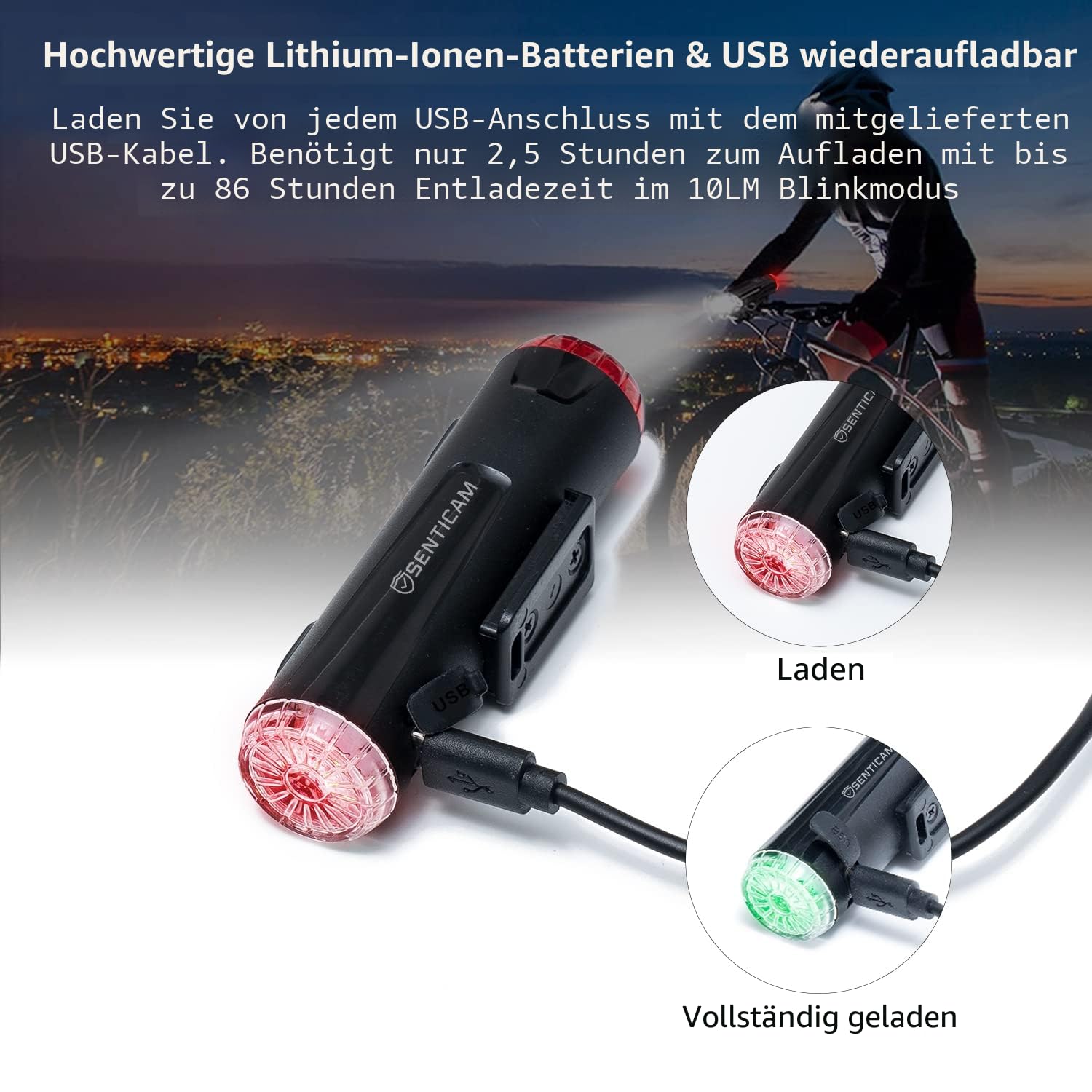 Fahrradhelm-Licht, USB Wiederaufladbar, Dual-Lichter Vorne und Hinten, IP66 Wasserdicht, Tragbar, Taschenlampe Mit Laufzeit Bis Zu 86 Stunden