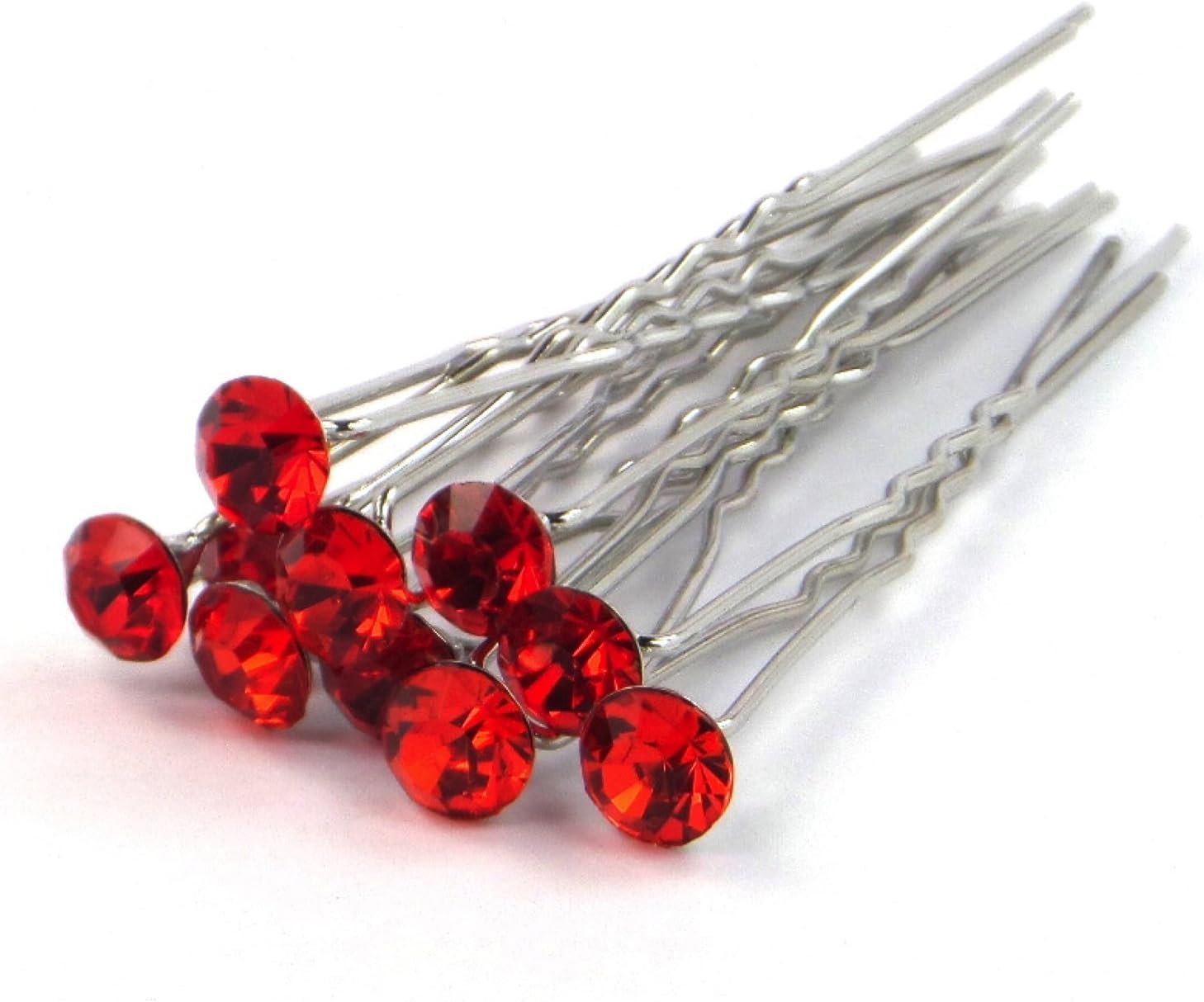 Pack of 12 Crystal Rhinestones Hair Pins Bridal Accessory Bridemaid Party Flower Girl (Red)