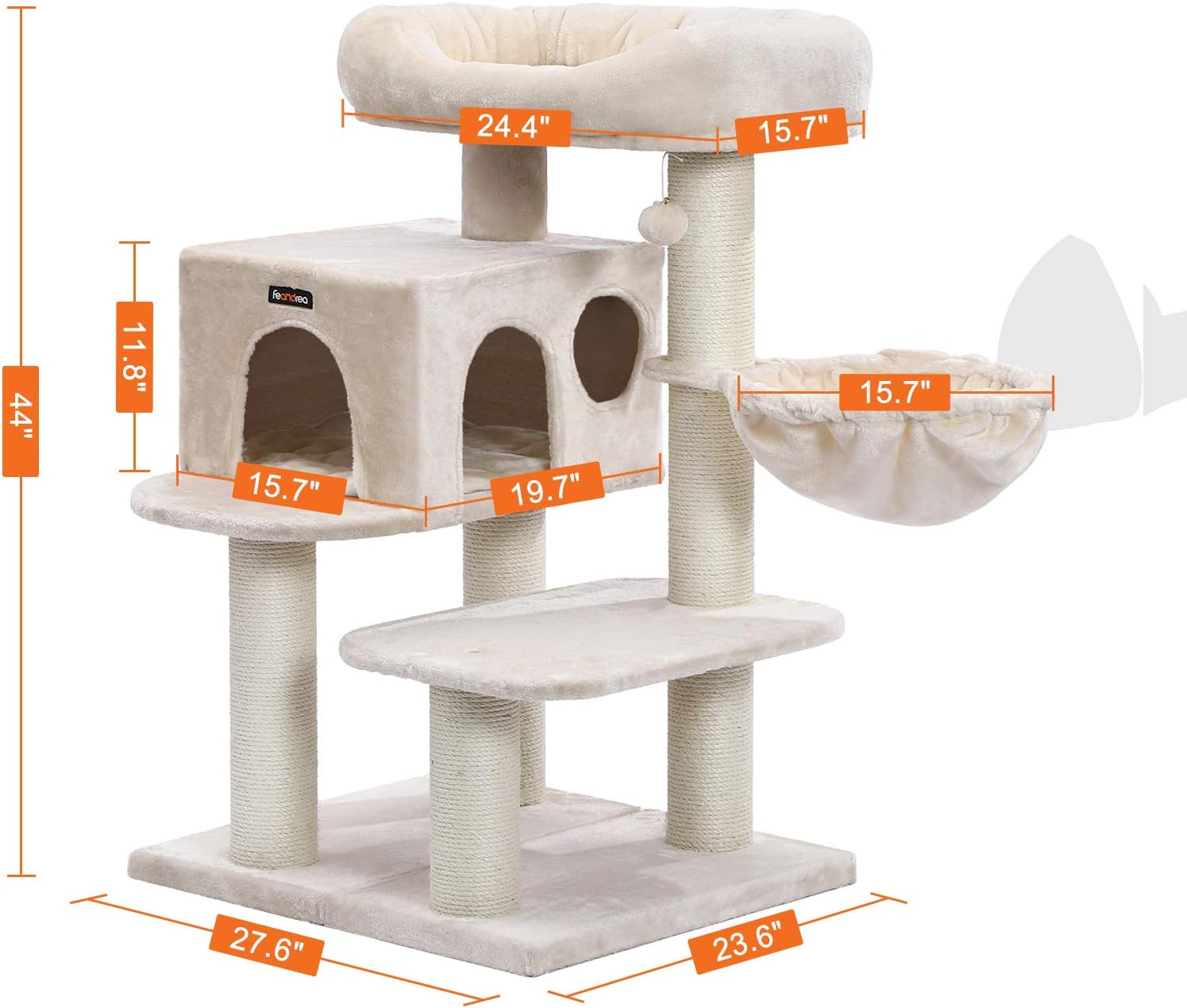 FEANDREA Cat Tree, Cat Tower with XXL Plush Perch, Basket Lounger Cat Condo with Adjustable Units, Cat Toys, Extra Thick Posts Completely Wrapped in Sisal, Beige UPCT01M